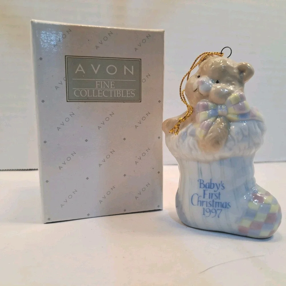 Vintage Babys First Christmas 1997 Avon Ceramic Ornament Teddy Bear Stocking